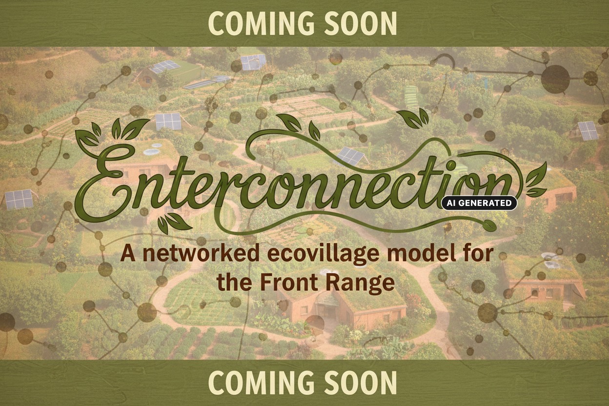 AI Generated: The words "Enterconnection" and "Coming Soon" are overlaid on an aerial view of an ecovillage with solar panels and green roofs.